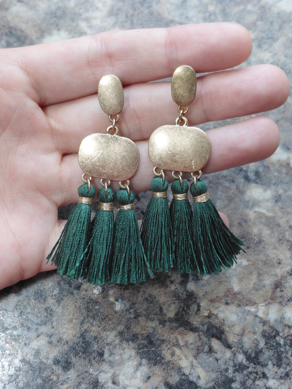 Vintage Dark Forest Green Tri Tassel Matte Gold Tone Metal Dangle Earrings